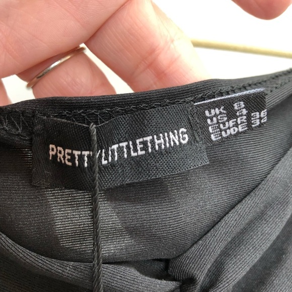 Pretty Little Thing black slinky sheer organza puff sleeve Bardot crop top - Picture 3 of 7